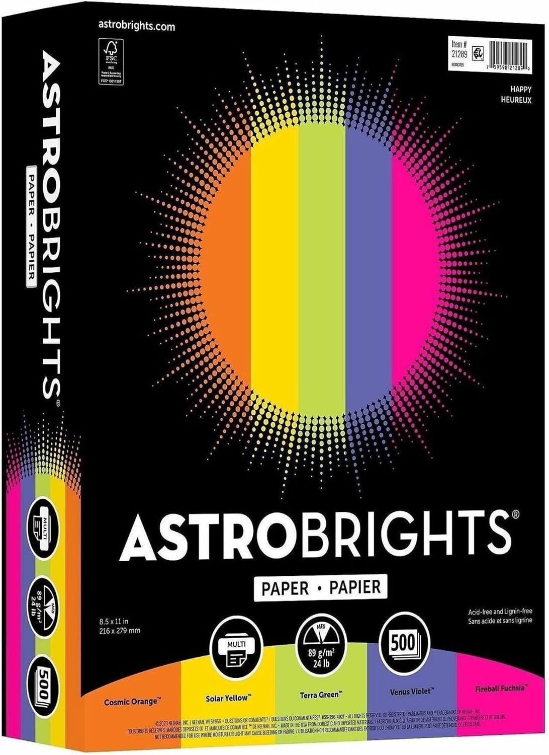 image:imageNeenah AstrobrightsR Bright Color Paper 8 12in x 11in 24 Lb Assorted Colors Ream Of 500 Sheets 21289500 Count Pack of 1